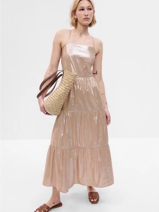 GAP Dresses & Skirts - GAP Shimmer Halter Tie Back Tiered Maxi Dress in Shimmery Beige